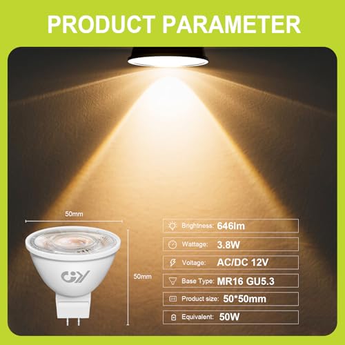 GY GU5.3 MR16 12V Spotlight LED Bulb 3.8W, Equivalent 60W Low Consumption, Warm White 2700K, 663 Lumens, Narrow Beam Angle 36° Spotlight, Non-Dimmable, Pack of 12