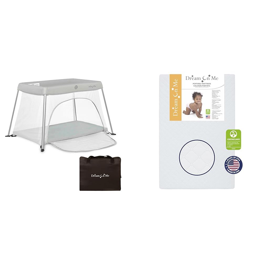Dream On Me Travel Light Playard with Mesh Zipper Door in Grey & Holly 3” Fiber Portable, Greenguard Gold Certified, Waterproof Vinyl Cover, Lightweight Mini Crib Mattress, White Image
