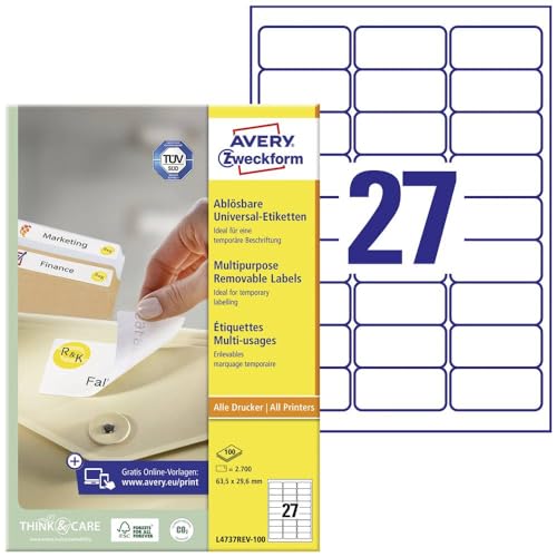 AVERY Zweckform L4737REV-100 Universal Etiketten (2.700 Klebeetiketten, 63,5x29,6mm auf A4, wieder rueckstandsfrei abloesbar/abziehbar, individuell bedruckbare, selbstklebende Aufkleber) 100 Blatt, weiss
