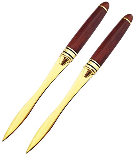 CaLeQi Wood Handle Letter Opener Stainless Steel Knife Split File Envelopes Stationery Golden (1) (Golden x2)