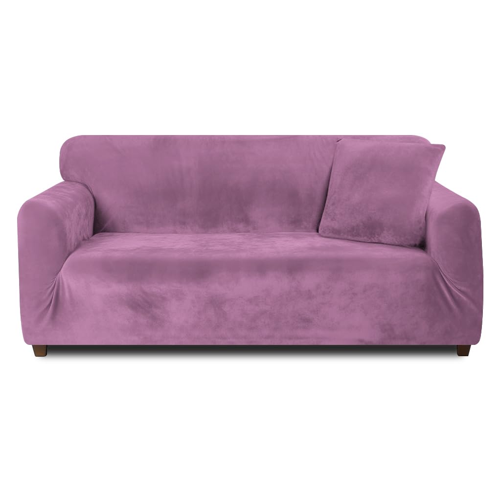 Teynewer Thick Velvet Sofa Covers 1 2 3 4 Seater High Stretch Non-Slip Couch Cover Elastic Furniture Protector Plush Sofa Slipcovers with 1 pillowcase for Living Room Dogs Cat Pet (1 Seater, Purple) — image 1