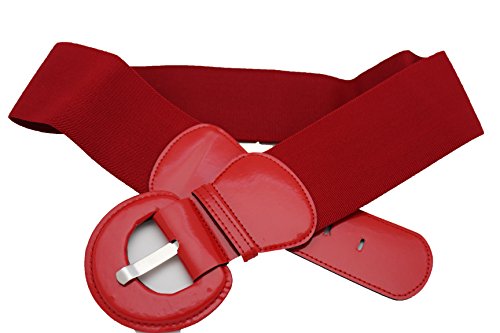 TFJ Women Fashion Wide Belt Hip High Waist Faux Patent Leather Round Buckle M L XL Red