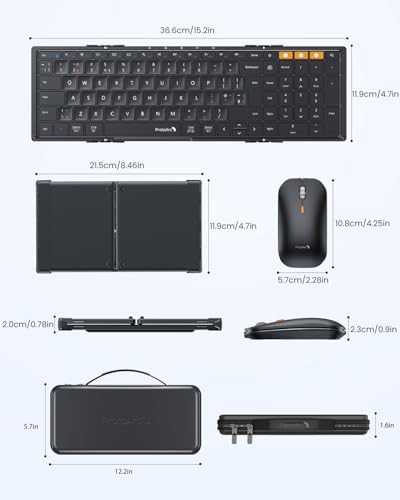 ProtoArc Foldable Keyboard and Mouse Combo, Folding Bluetooth Keyboard Mouse for Travel, 2.4G+Dual Bluetooth, Full-Size Rechargeable Portable, QWERTY UK Layout - Black | 105-key keyboard, slim mouse, hard case and phone stand; 3-device Bluetooth & 2.4G switching, for travel office use