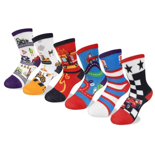 Queenshin 6 Pares Calcetines Niño Infantiles Camión de Obras Bomberos Coche de Carreras Colorido Calcetín Crew Suave Regalos 3-14 años Tamaño 25-38