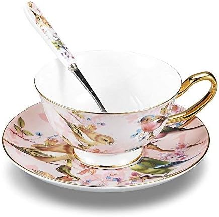 NDHT Bone China Teacups/Coffee Cups & Saucers Sets with Spoons-6.7Oz, for Home, Restaurants, Display & Holiday Gift,With Gift Box,Pink Bird(1 Set)