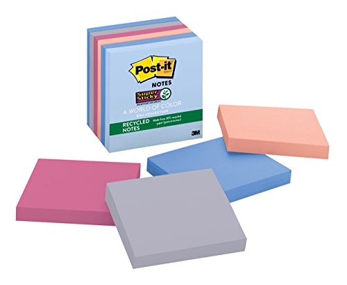 UPC 051135807880, Post-it Recycled Super Sticky Notes, 3 in x 3 in, Bali Collection, 6 Pads/Pack (654-6SSNRP)