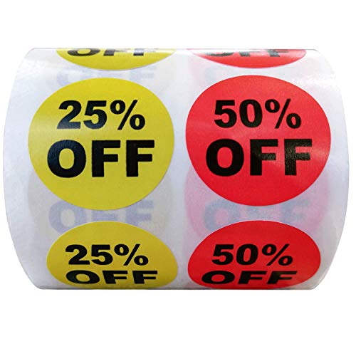 1 Inch 25% 50% Percent Off Stickers Labels Garage Yard Sale Price Sticker for Retail Store Clearance Promotion Discount Deals Circle Pricemarker Half Off Tag Stickers Roll (500PCS Per Roll)
