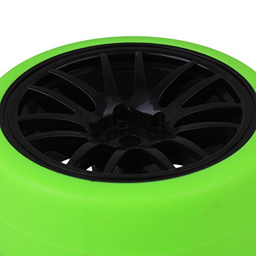 Mxfans Black Plastic 14 Spoke Wheel Rims and Green Drift Smooth Tyres for RC 1:10 On Road Racing Car Set of 4