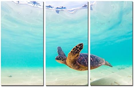 Yin Art 3-Panel Modern Green Seascape Canvas Print Wall Art Set - Sea Turtle Swimming Underwater Through the Bright Blue Ocean - Triptych 12x24 Inch - Stretched and Framed Home Decor Ready to Hang