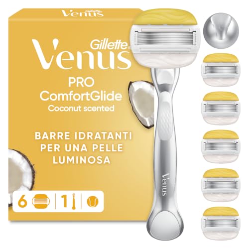Pro Comfortglide Rasoio da Donna, al Profumo di Cocco, 6 Lamette di Ricambio, Lamette Donna Adatte a Depilazione Intima, Manico in Metallo Riutilizzabile e Gancio per Doccia