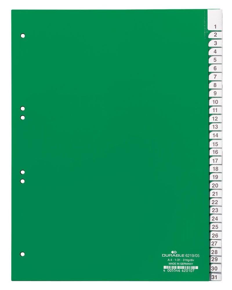 Durable 621905 1-31 Index File with Pre-Inserted Printed Inserts for A4 Sheets - Green