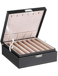 BEWISHOME Necklace Organizer Box Necklace Holder for Chains, Bracelets - 12 Compartments (7 Regular + 5 Large), 6 Hooks, 2 Layers - Elegant Jewelry Box for Women Girls, Black Faux Leather SSH31B