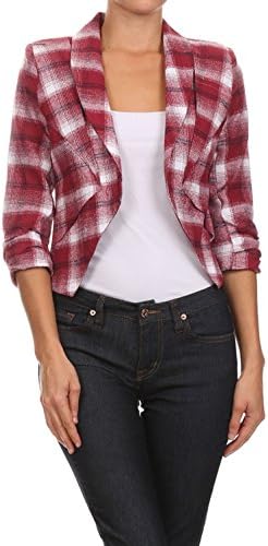 Bangbangusa Womens Plaid Print Cropped Open Blazer (L, Red)