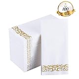 100 PACK Disposable Hand Towels, Decorative Bathroom Napkins, Soft and Absorbent Linen-Feel Paper Guest Towels for Kitchen, Parties, Weddings, Dinners or Events, White and Gold