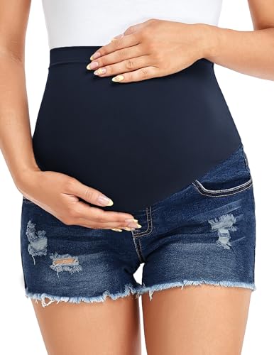 Fitglam Women's Maternity Jean Shorts Over Belly Pockets Stretchy Denim at Amazon