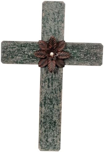 Wilco Imports Green Wooden Wall Cross with a Rust Brown Metal Flower and a Pure White Pearl Center, 12-1/4-Inch by 1-1/2-Inch by 18-1/4-Inch