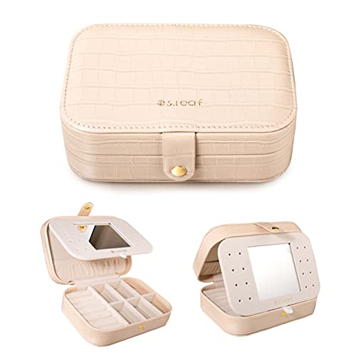 S.Leaf Travel Jewelry Organizer Travel Jewelry Boxes for Women Small Jewelry Travel Case Box Portable Travel Jewelry Case Travel Case Mini Jewelry (16_Crocodile_Beige_Big)