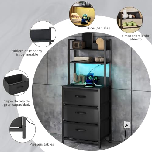 Simple Wisdom Buros para recamara -Mesita De Noche de 6 Niveles,3 cajones Mesa Auxiliar con Estación De Carga de 2 enchufes y Puertos USB y Tira de luz LEDcajón de Tela de Cuero*3. (Negro)