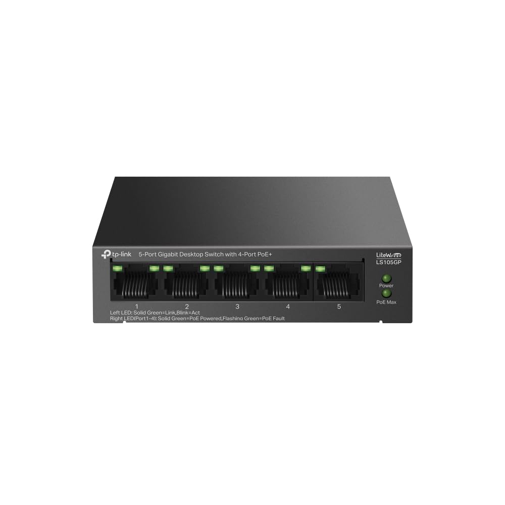 TP-Link LS105GP, 5-Port PoE Gigabit Ethernet Switch, 4 PoE+ Ports mit 62 W, Plug & Play, Extend-Modus, PoE Auto Recovery, Desktop-/Wandmontage, geräuschloser Betrieb