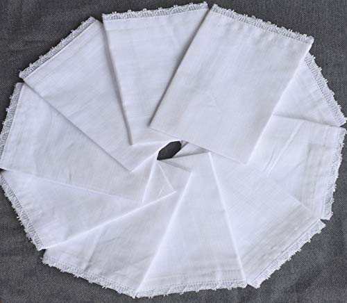 Cotton White Women Handkerchief With Lace 6Pack, Wedding Party Cotton Hanky, Bridal Wedding Lace Handkerchief, Premium Vintage Handkerchief, Cloth Napkins, Wedding Napkins -12x12 Inch -White