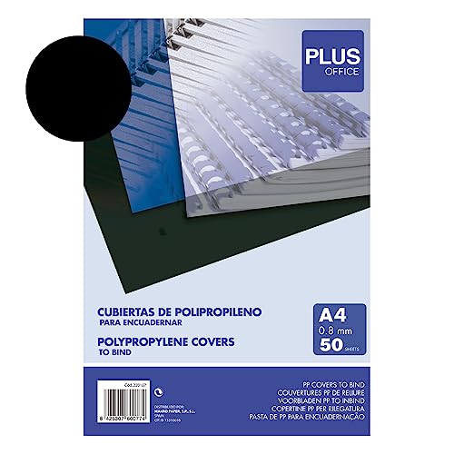 Plus Office - Portadas para Encuadernar de Polipropileno, 800 micras, Pack de 50 unidades, Cubiertas de Encuadernación de Plástico Color Negro Opaco, Formato A4