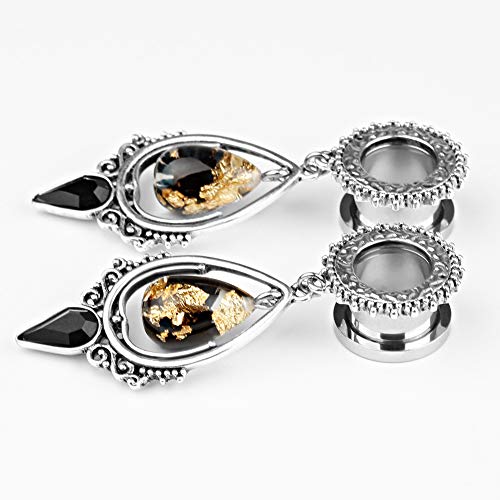 TBOSEN Stainless Steel Teardrop Black Obsidian Stone Large Dangle Bridal Plug Ear Gauges Stretching Tapers Screw Fit Tunnels