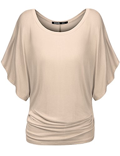 TWINTH Dolman Drape Tunic Plus Size Side Shirring Loose Fit Short Sleeve Top T-Shirts Beige XL