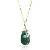 Gem O World Natural Moss Agate Pear Pendant Necklace for Women | Gold Plated Hypoallergenic Growth Healing Crystal Jewelry | Stability Stone 16"+2" (Moss Agate)