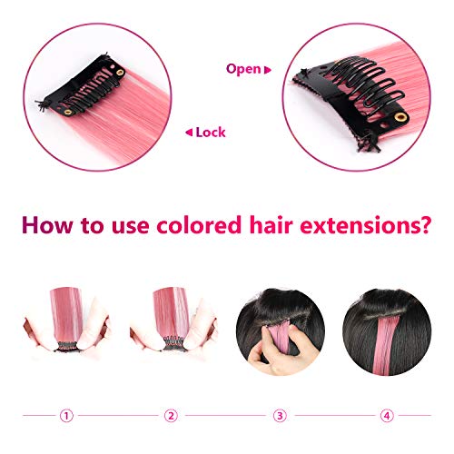 TOFAFA 22 inch Colored Hair Extensions straight Hairpiece,Multi-colors Party Highlights Clip in Synthetic Hair Extensions (10pcs Princess Pink)