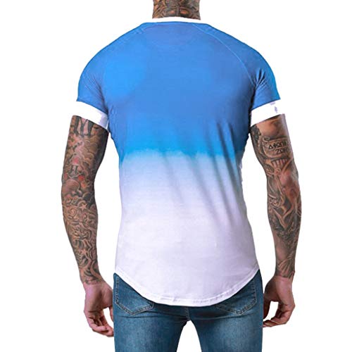 iYBUIA Summer Men's Patchwork Graduated Short Sleeved T-Shirt Top Blouse Blue