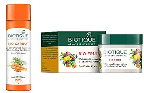 Biotique Bio Carrot Face & Body Sun Lotion Spf 40 Uva/Uvb Sunscreen For All Skin Types In The Sun, 1 and Biotique Bio Fruit Whitening And Depigmentation & Tan Removal Face Pack, 75g