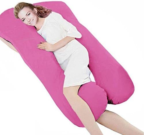 Linenovation U Shaped Pregnancy Pillow/Body Pillow/Lumbar Pillow/Maternity Pillow with Cotton Zippered Cover-Pink