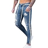 iYYVV Mens Stripe Casual Hole Denim Straight