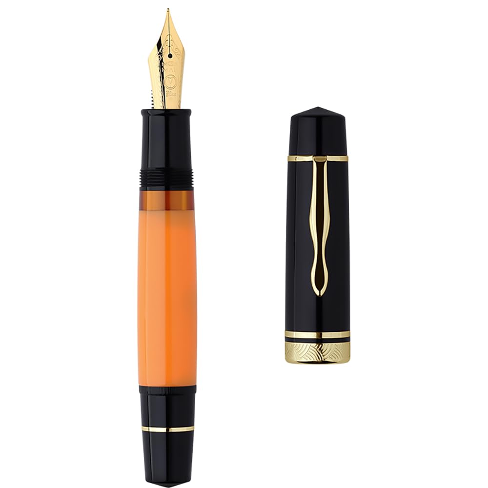 Majohn P139 Piston Fountain Pen Extra Fine Nib with Box, Brass Piston System Large Capacity Resin Writing Pen, Black Yellow