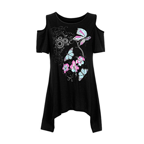 Click Here to See More Images NREALY Women Butterfly Print Cold Shoulder Short Sleeve Tunic Tops Blouse T-Shirt