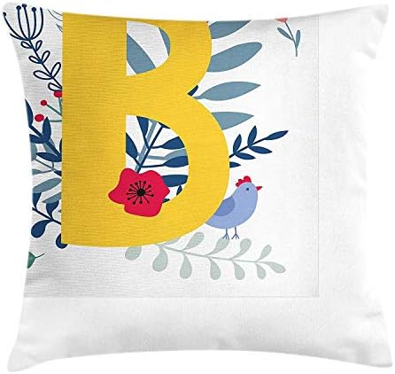 Deglogse Letter B Throw Pillow Cushion Cover, The Second Letter of The Alphabet on Spring Branches Poppies and Cartoon Chicken, Decorative Square Accent Pillow Case,