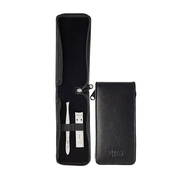 nippes Solingen 2-Piece Manicure Set with Nail Clippers and Tweezers in Professional Quality Stainless Steel Premium Leather Case Made of Vegetable Tanned Goat Leather Black Flight Safe