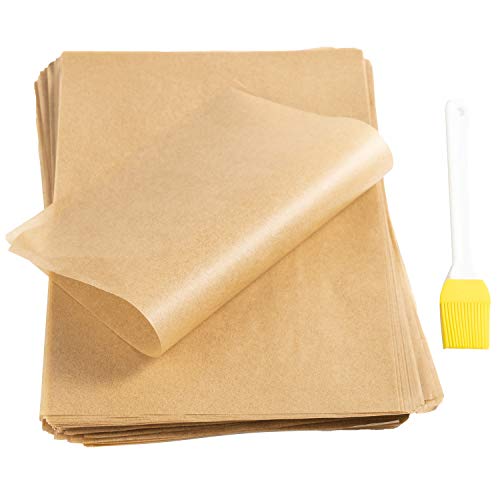 Parchment Paper Baking Sheets - 200pcs Non-Stick Unbleached Cookie Baking Paper Liners for Cooking Grill Steam Baking Pans - No Curl or Burn, Oven Safe, 11.8 X 8 Inches Brown, with Silicone Brush