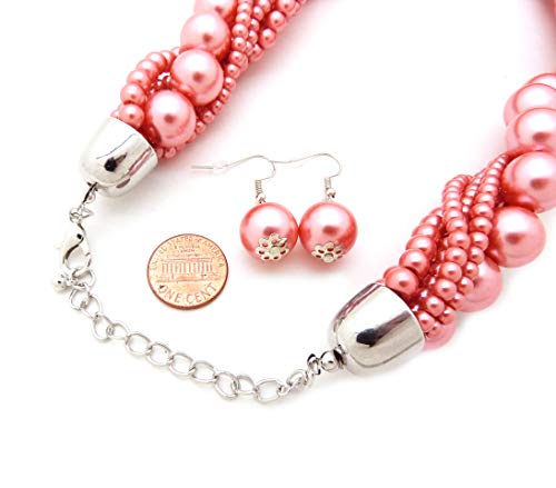 Fashion 21 Women's Twisted Multi-Strand Simulated Pearl, Acrylic Ball Statement Necklace and Earrings Set (Papaya)