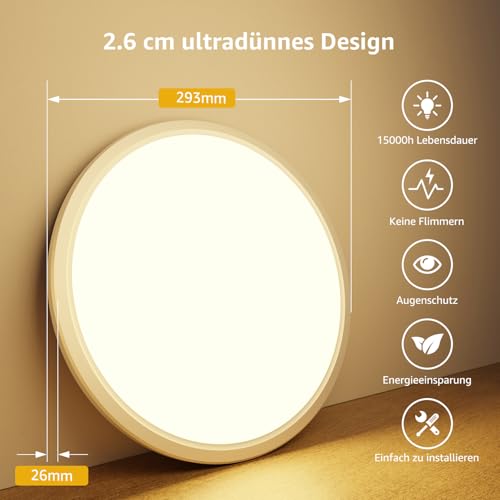 Lepro Ceiling Light 24 W, IP44 Waterproof Ceiling Light, 3000 K 2400 LM Bathroom Lamp, Warm White Ceiling Light, Bathroom, Ideal Bathroom Lamp, Ceiling for Bathroom, Bedroom, Hallway, Kitchen, Living Room, Diameter 29.3 cm