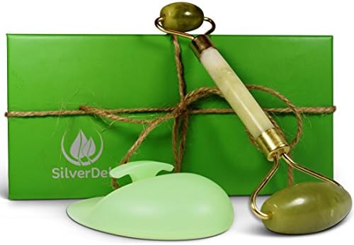 Best Anti-Aging Jade Roller Massager With Green Silicone Cleansing Brush for Face and Neck Rejuvenation and Body Relaxation, 100% Real Natural Jade, Double Roller Balls in Beautiful Handmade Box