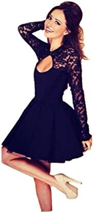 HN Sexy Women Floral Long Sleeve Lace Backless Evening Party Mini Dress (S)