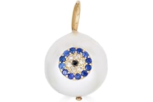 Beautiful 925 Sterling Silver Pearl Evil Eye Charm Pendant with Blue Sapphire, Diamond, Black Spinel, 15mm, Yellow Gold Finis