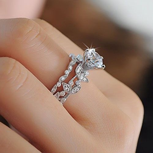 Women's Unique Leaf Design 925 Sterling Silver White Sapphire Diamond Wedding Engagement Ring Set Silver 9