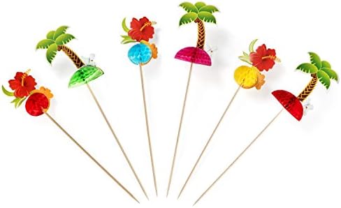 24 Pack - Hawaiian Luau Cocktail Picks - 12 Palm Tree Picks and 12 Tropical Flower Picks – Perfect for Tiki Parties, Hula Festivals, Pig Roasts, or any Island Themed Event! – by Haute Soiree