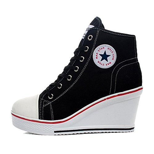 mewow Womens Girl's Casual Plus Size High Top Wedge Heel Canvas Shoes Fashion Sneaker (6.5, Black) - Thumbnail 2
