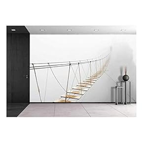 Fuzzy Man Walking on Hanging Bridge Vanishing in Fog - Removable Wall Mural | Self-Adhesive Large Wallpaper - 66x96 inches