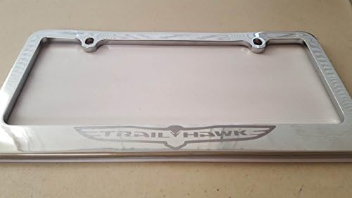 Jeep Trailhawk Silver Vinyl Decal Cut on Chrome Metal License Frame with matching color screw caps