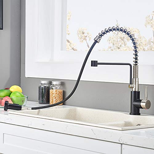 Friho Lead-Free Commercial Brushed Nickel & Matte Black Stainless Steel Single Handle Single Lever Pull Out Spring Bar Sink Kitchen Faucet, Kitchen Sink Faucets with Pull Down Sprayer - Thumbnail 4