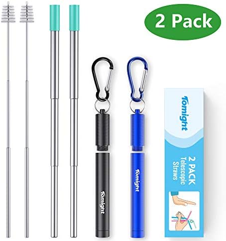 Tomight Metal Straws, 2 Pack Portable Reusable Straw in Stainless Steel, Drinking Straws with Aluminum Case Cleaning Brush & Carabiner, Perfect for Travel, Home, Office